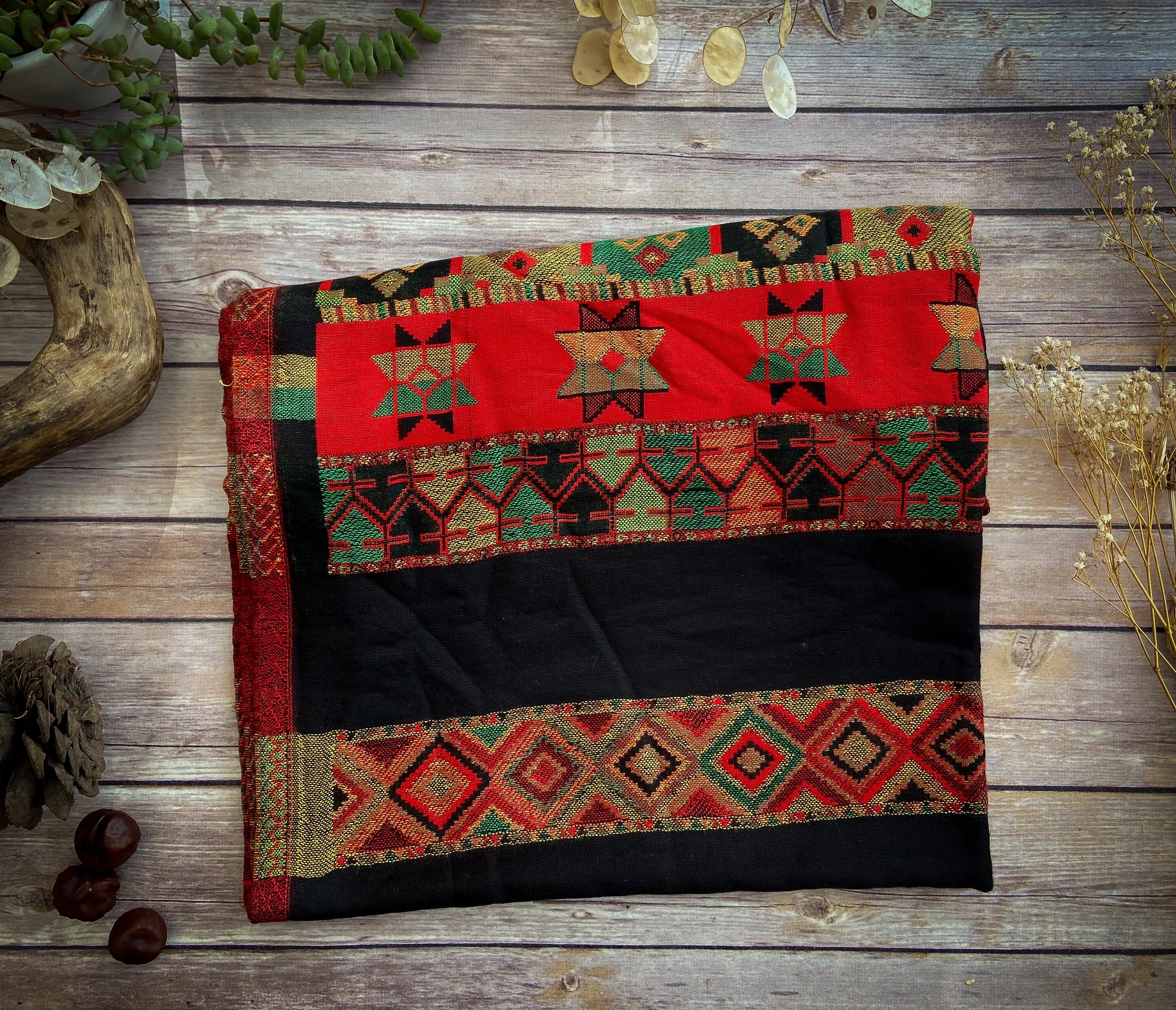 Tibetan Blanket Scarf - Black and Red