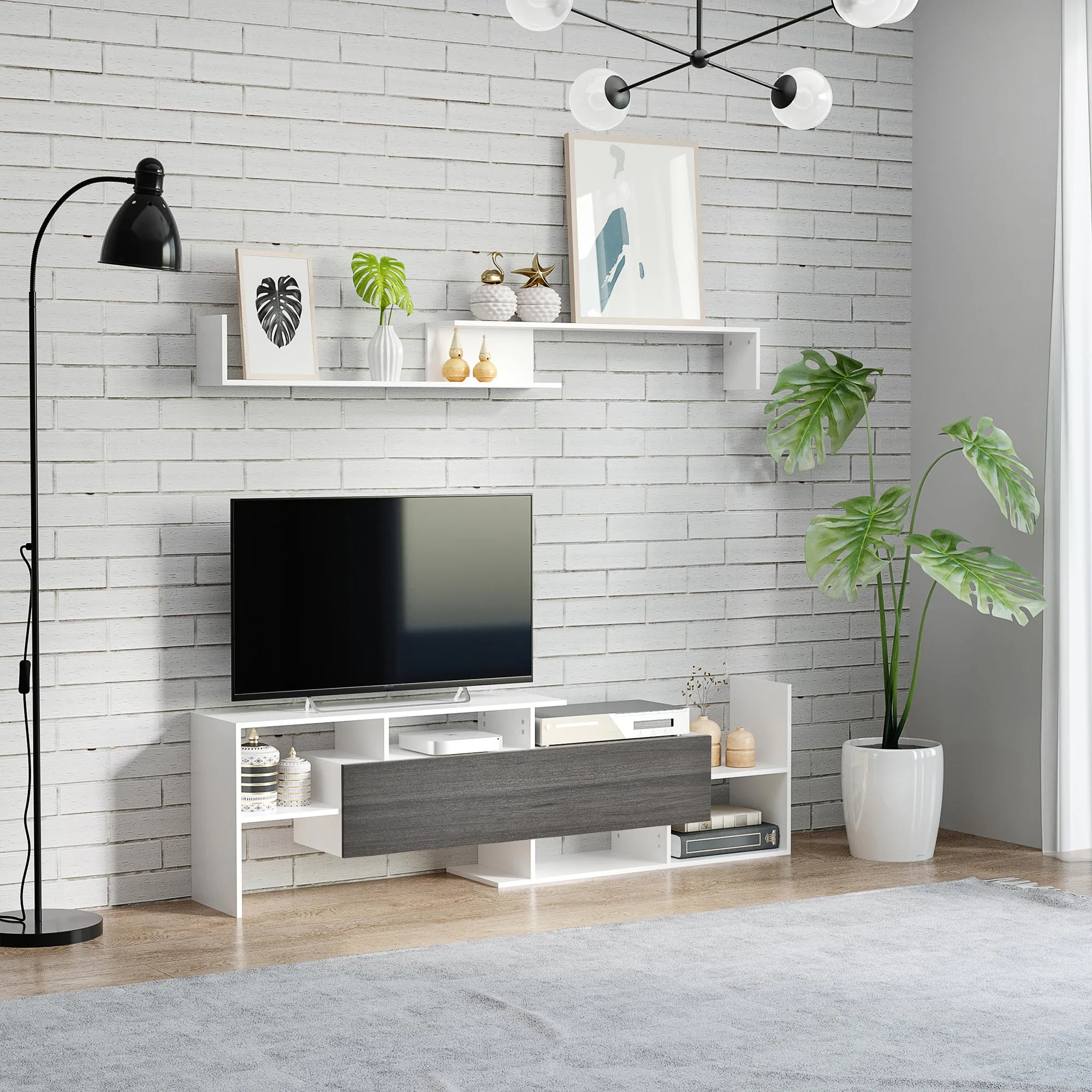 TV Unit with Storage for Wall-Mounted 65" TVs or Standing 50" TVs, TV stand set w/ a Wall Shelf & a Cabinet, Living Room Bedroom-White & Grey