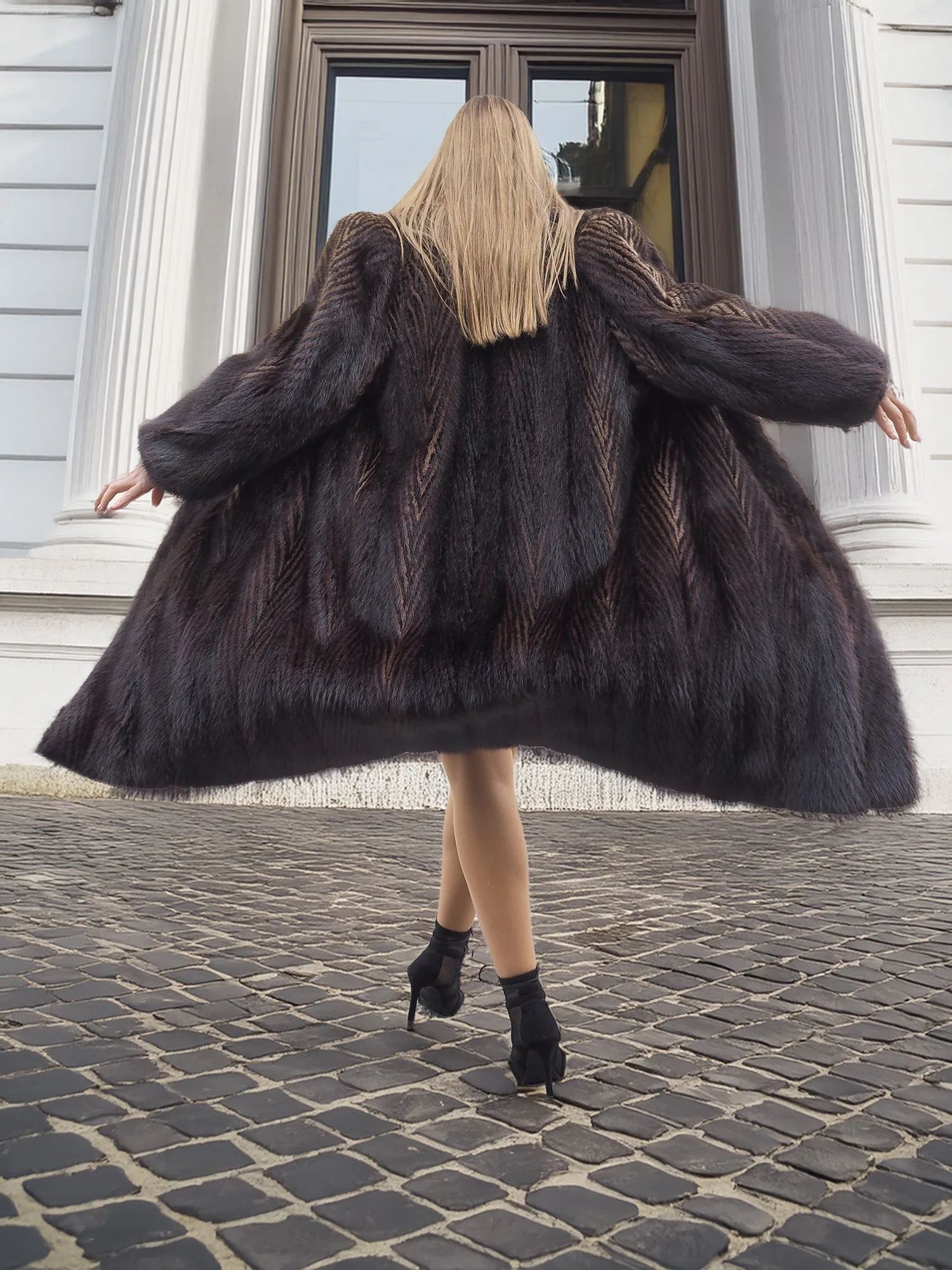 Two Tone Nutria Fur Coat Herringbone Design S