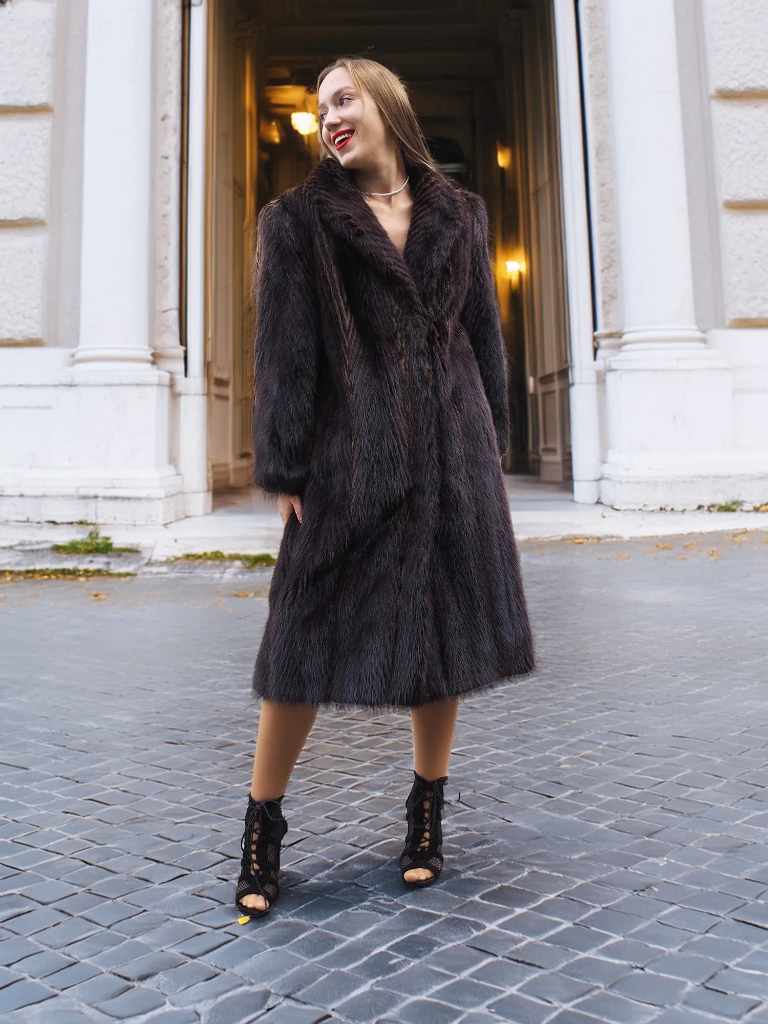 Two Tone Nutria Fur Coat Herringbone Design S