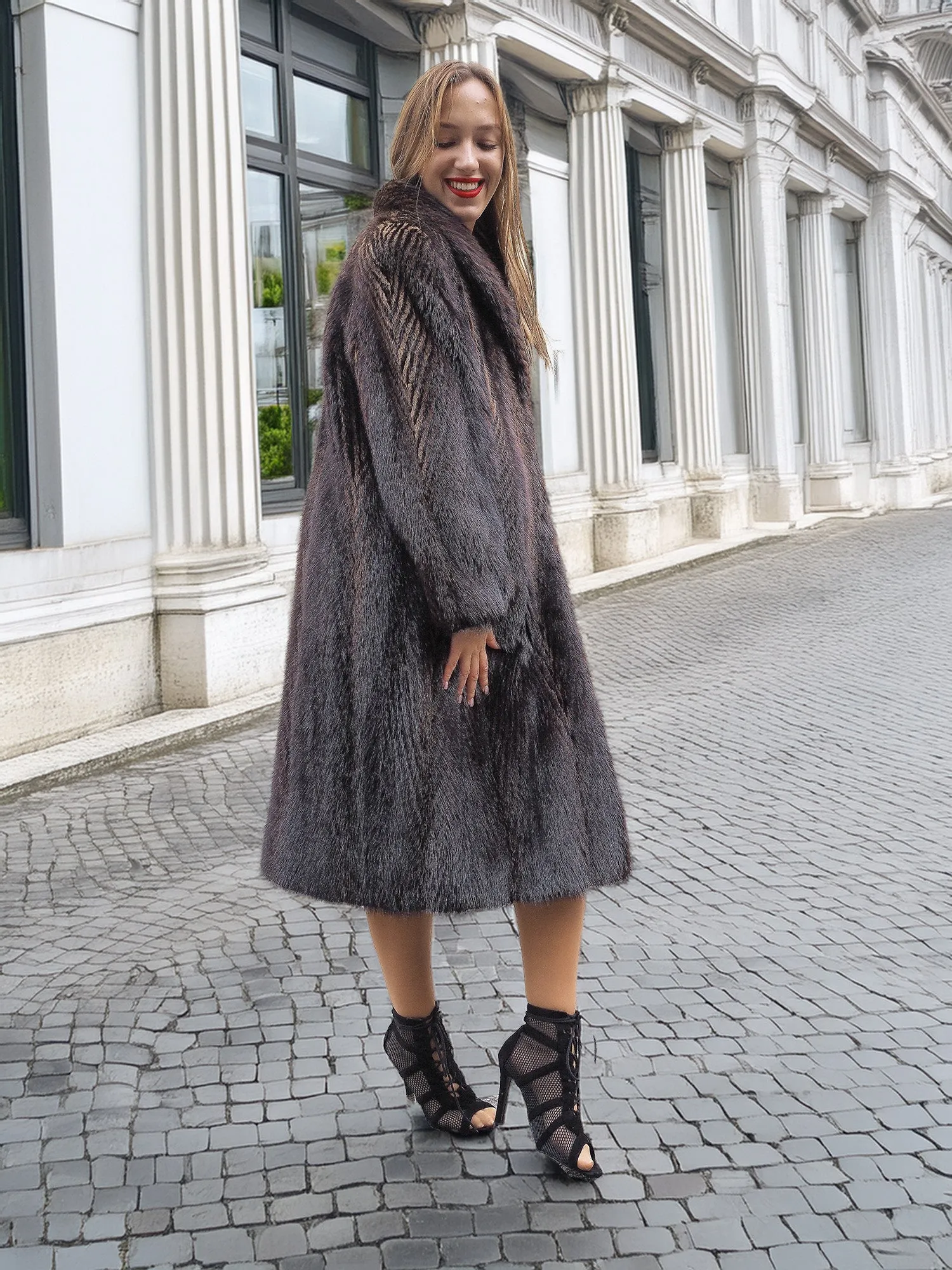 Two Tone Nutria Fur Coat Herringbone Design S