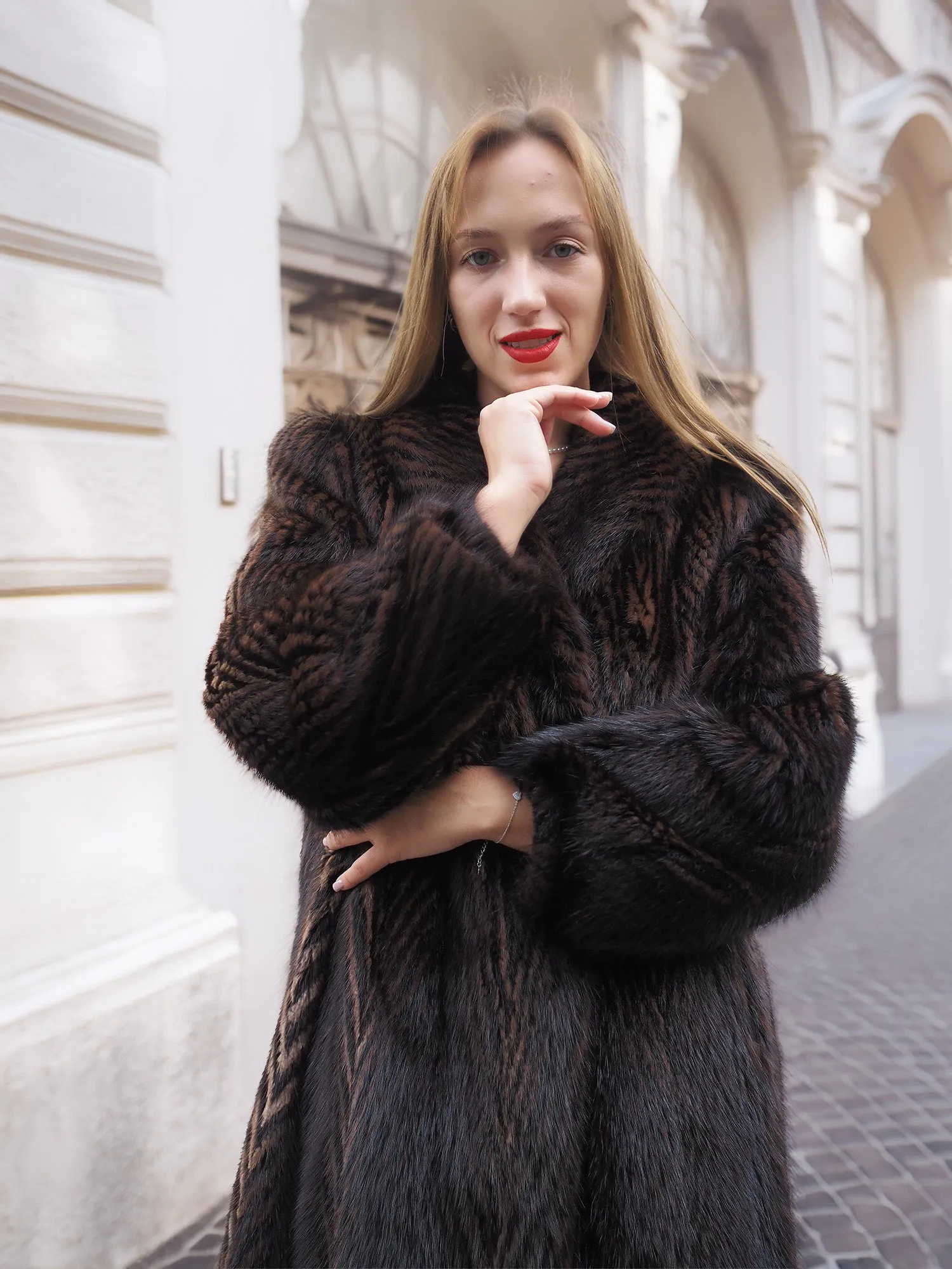 Two Tone Nutria Fur Coat Herringbone Design S