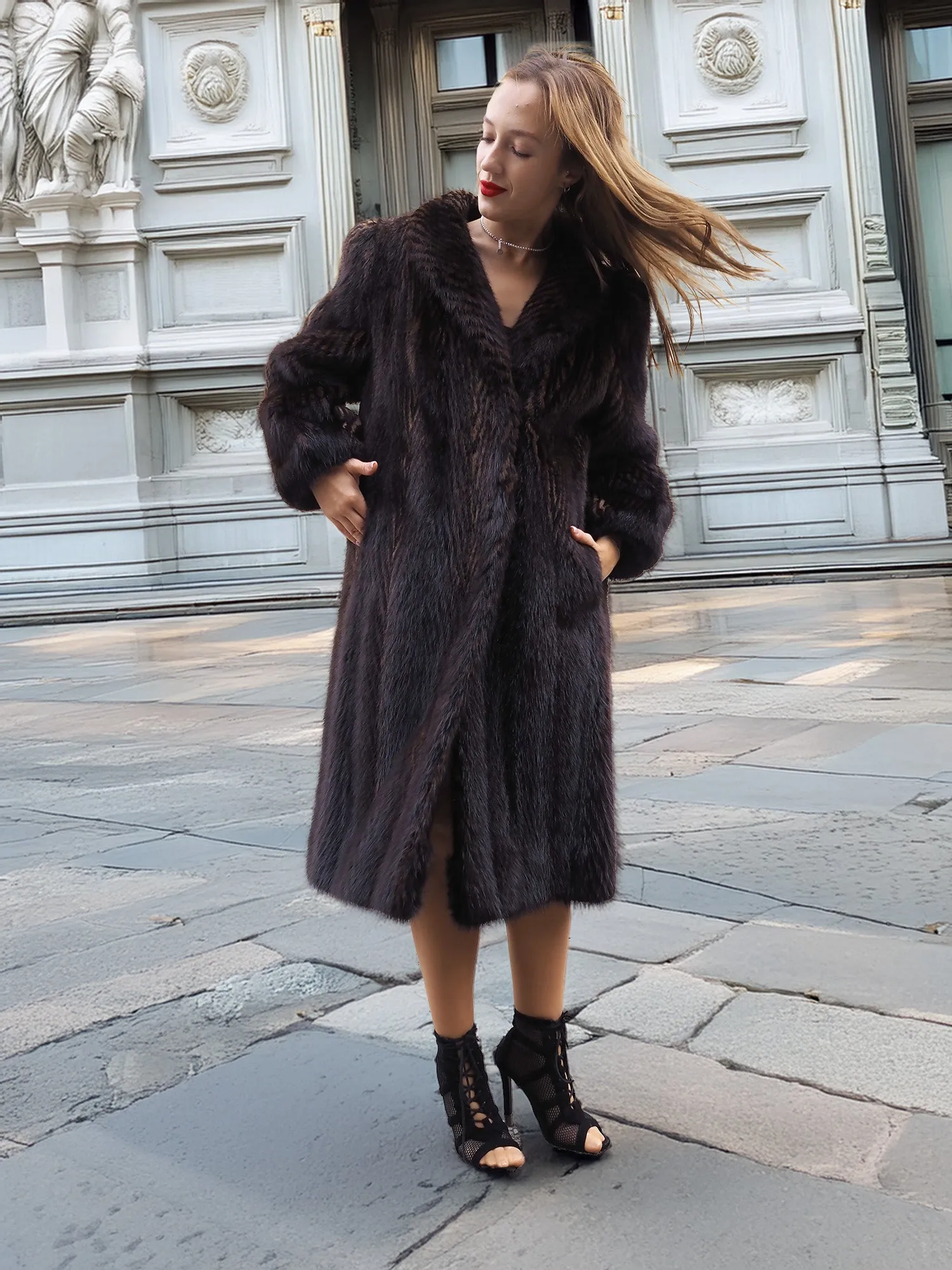 Two Tone Nutria Fur Coat Herringbone Design S