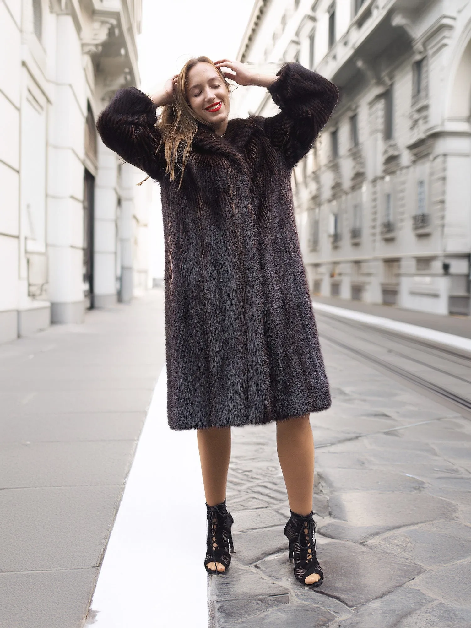 Two Tone Nutria Fur Coat Herringbone Design S