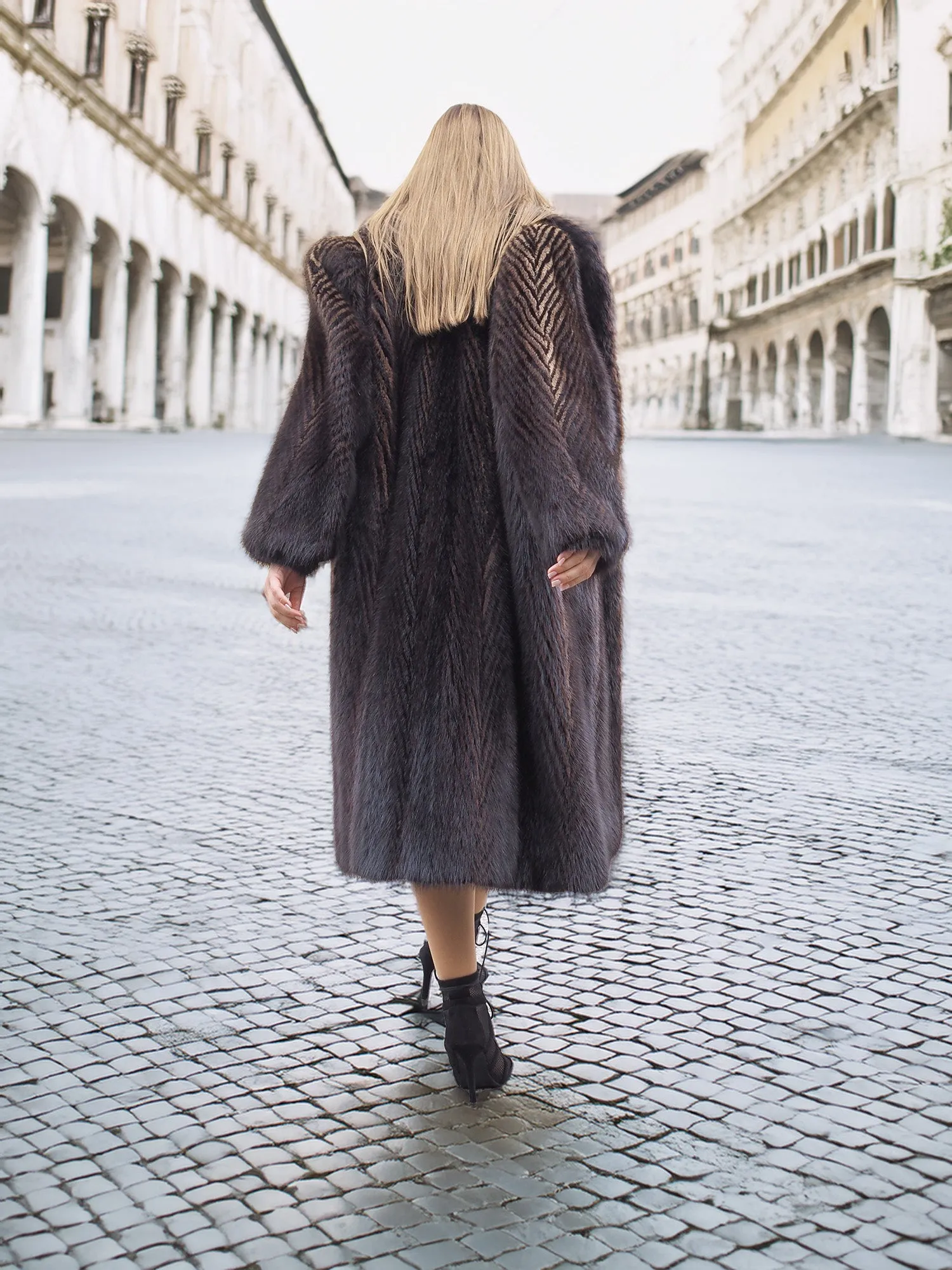 Two Tone Nutria Fur Coat Herringbone Design S