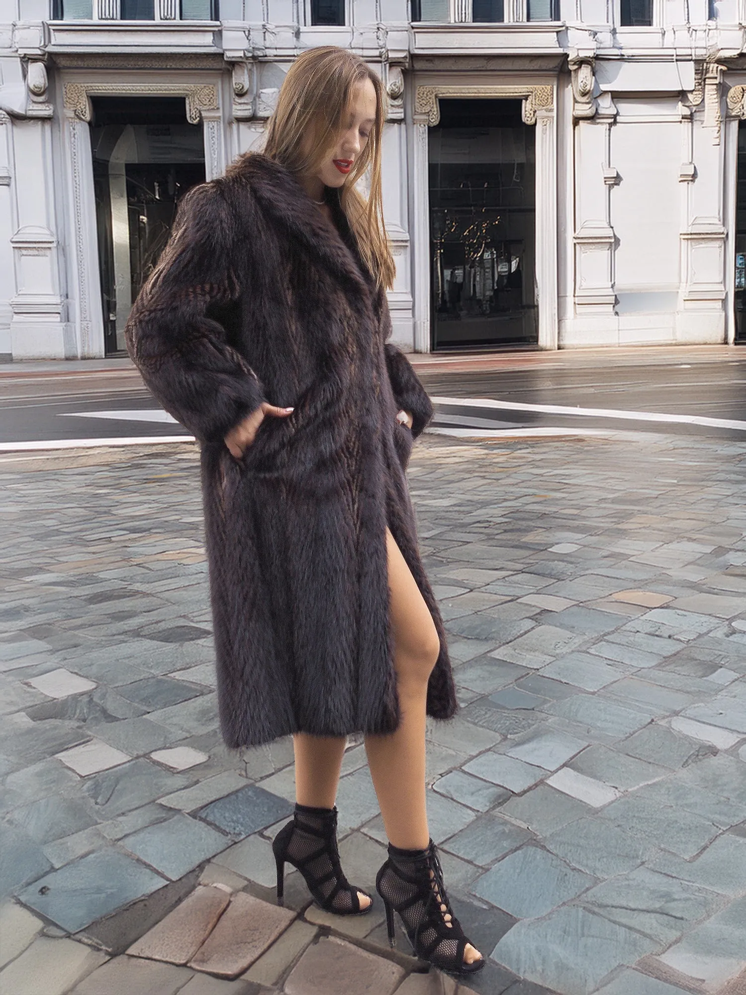 Two Tone Nutria Fur Coat Herringbone Design S