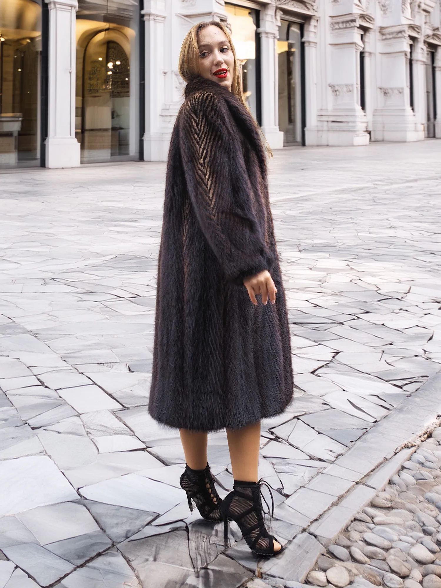 Two Tone Nutria Fur Coat Herringbone Design S