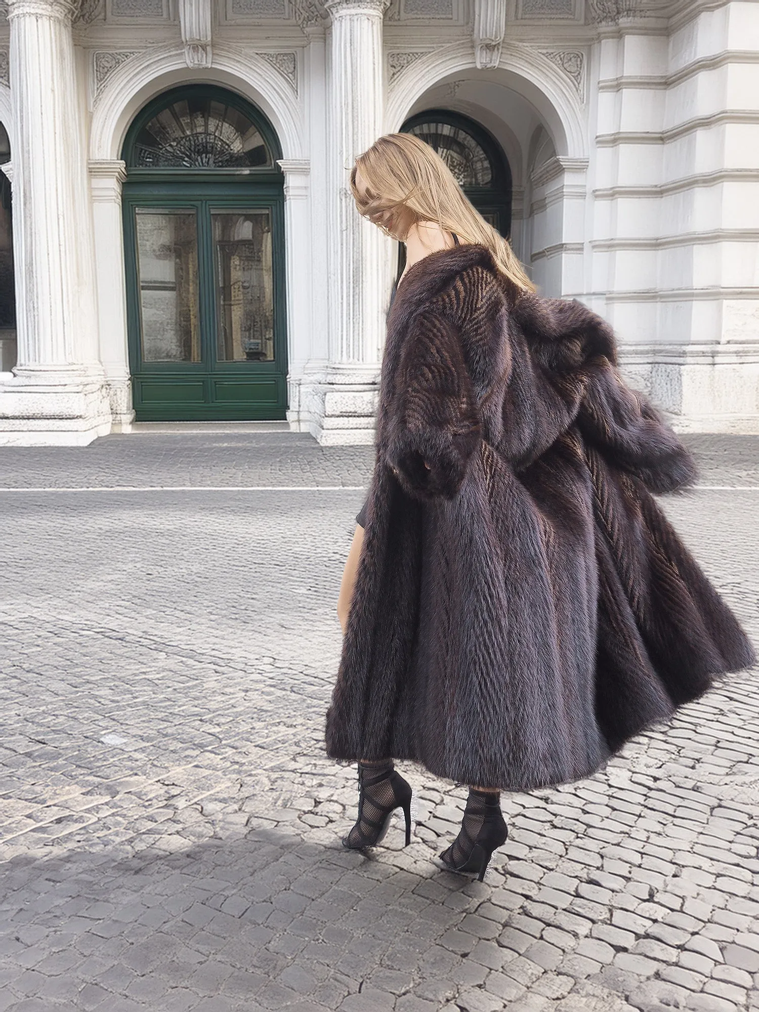 Two Tone Nutria Fur Coat Herringbone Design S