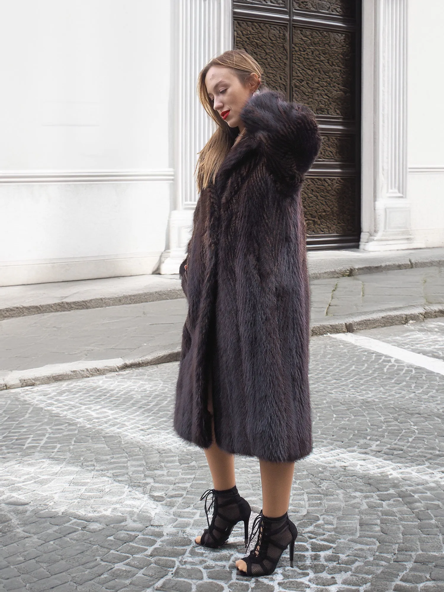 Two Tone Nutria Fur Coat Herringbone Design S