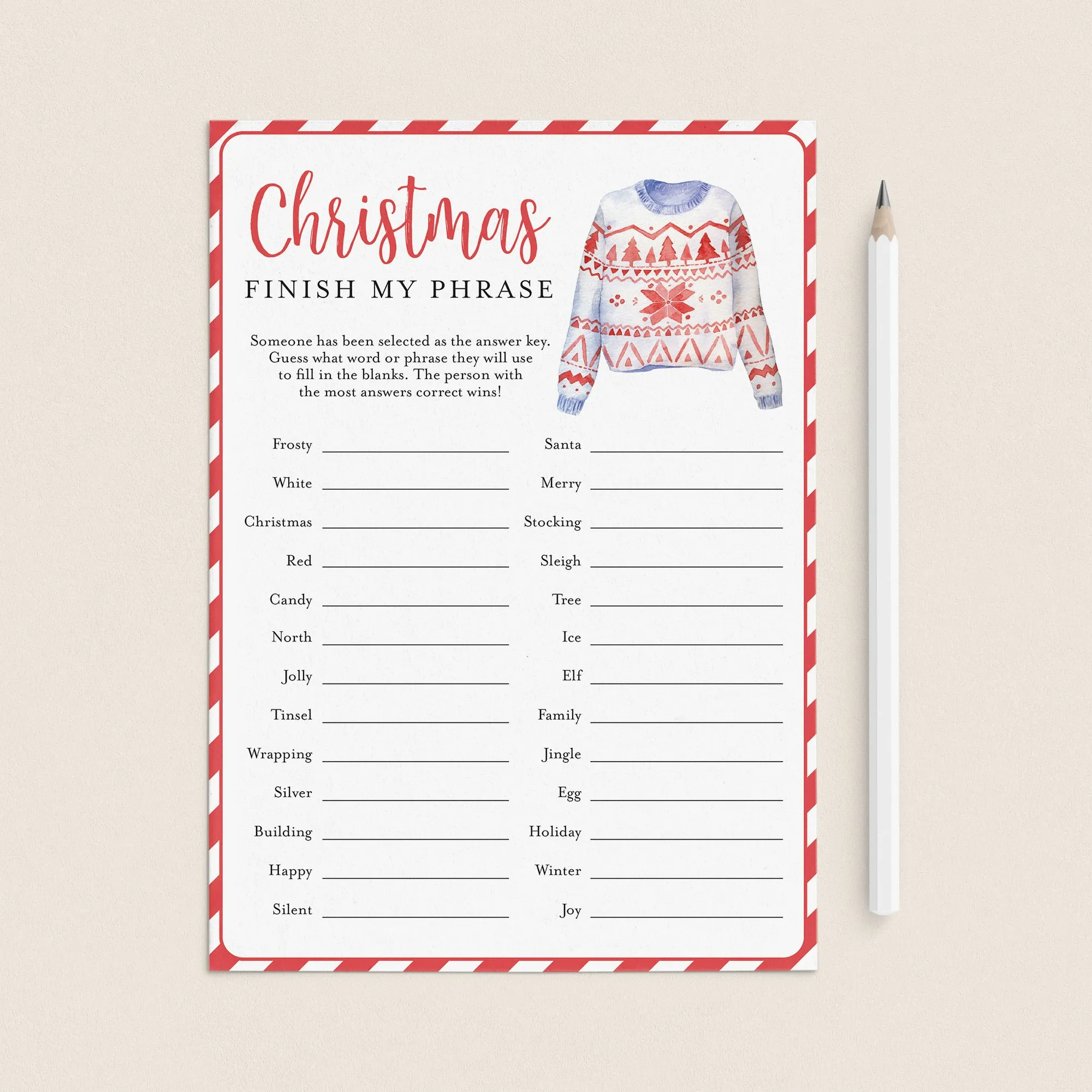 Ugly Sweater Christmas Party Game for Groups Printable