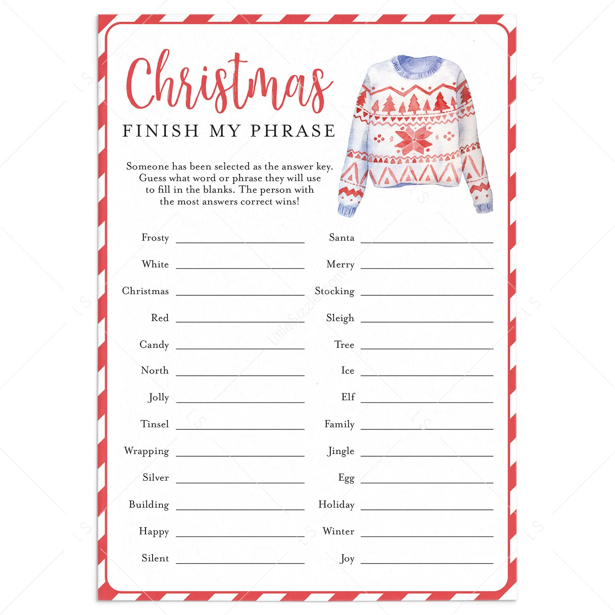 Ugly Sweater Christmas Party Game for Groups Printable