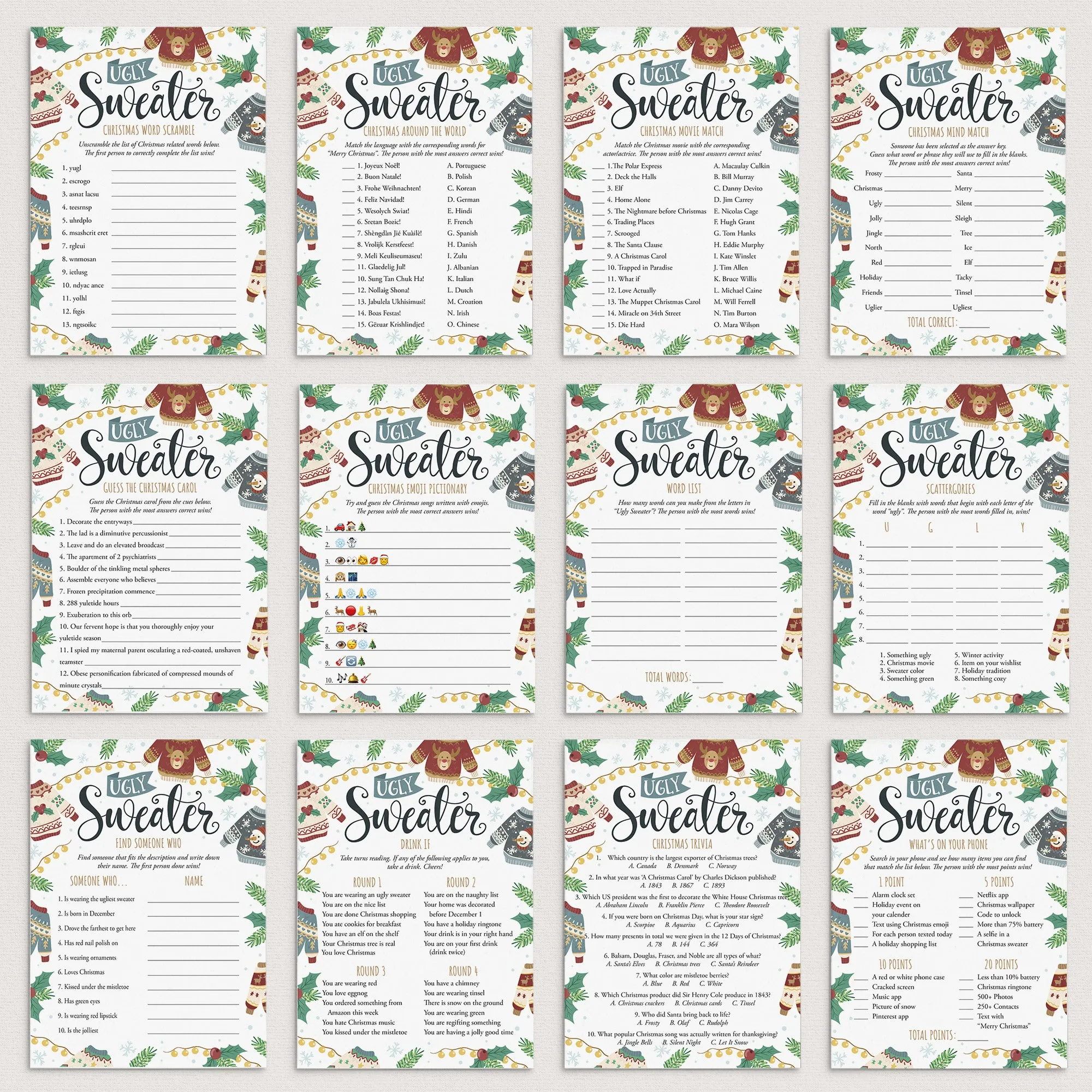 Ugly Sweater Games Bundle Printable