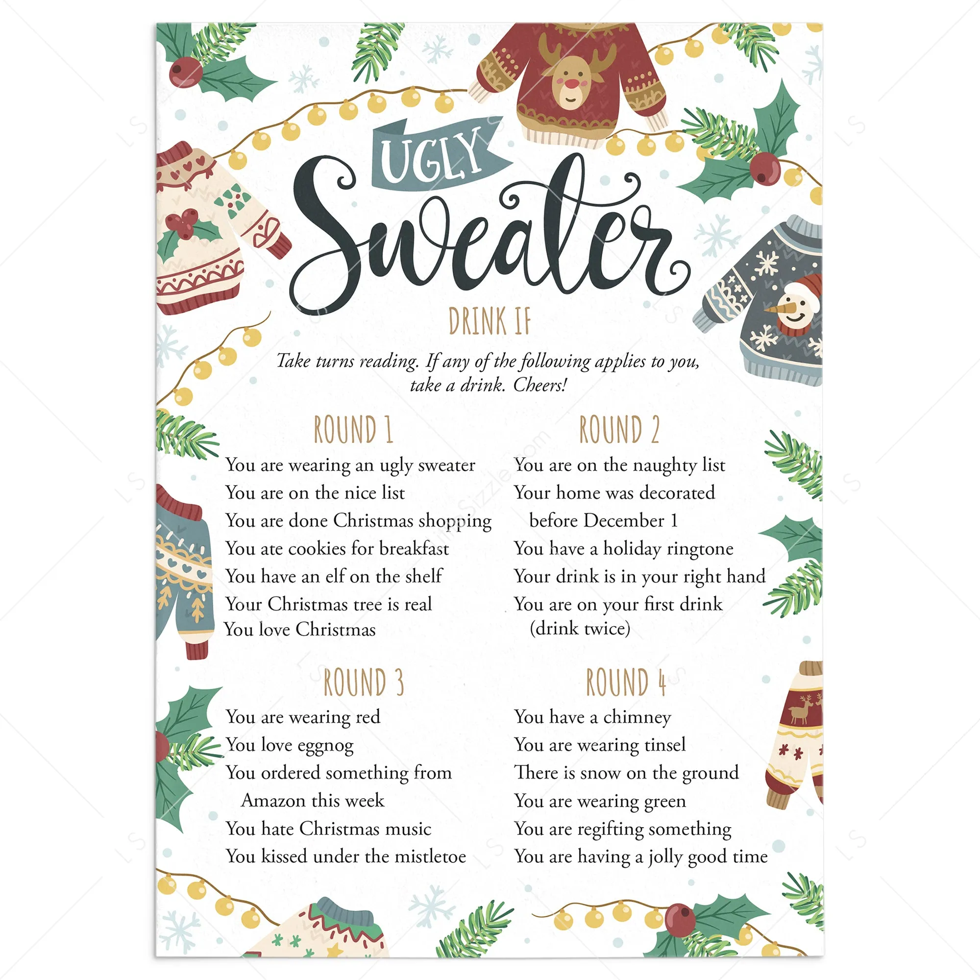 Ugly Sweater Party Drinking Game Printable