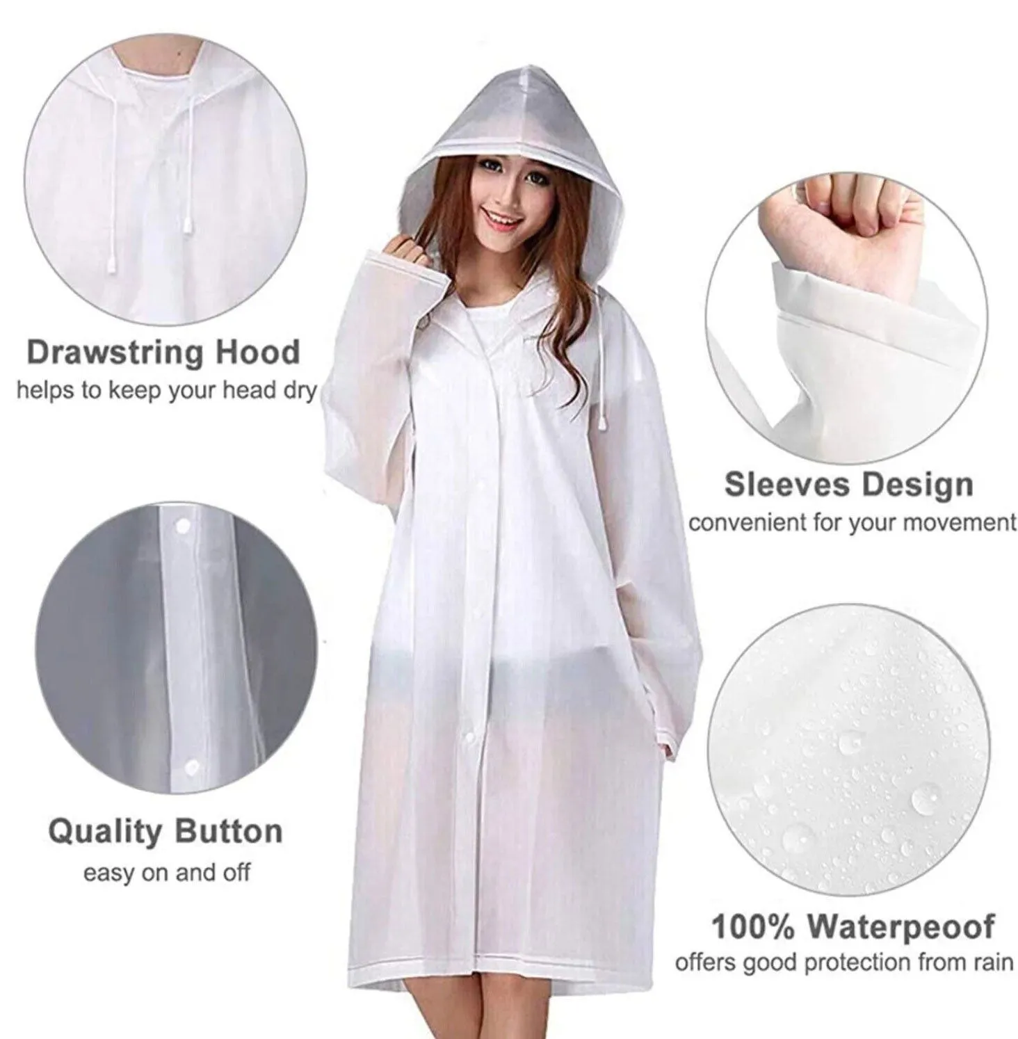 Unisex Adult Waterproof PEVA Raincoat Hooded Jacket Poncho Rainwear (3 Pack)