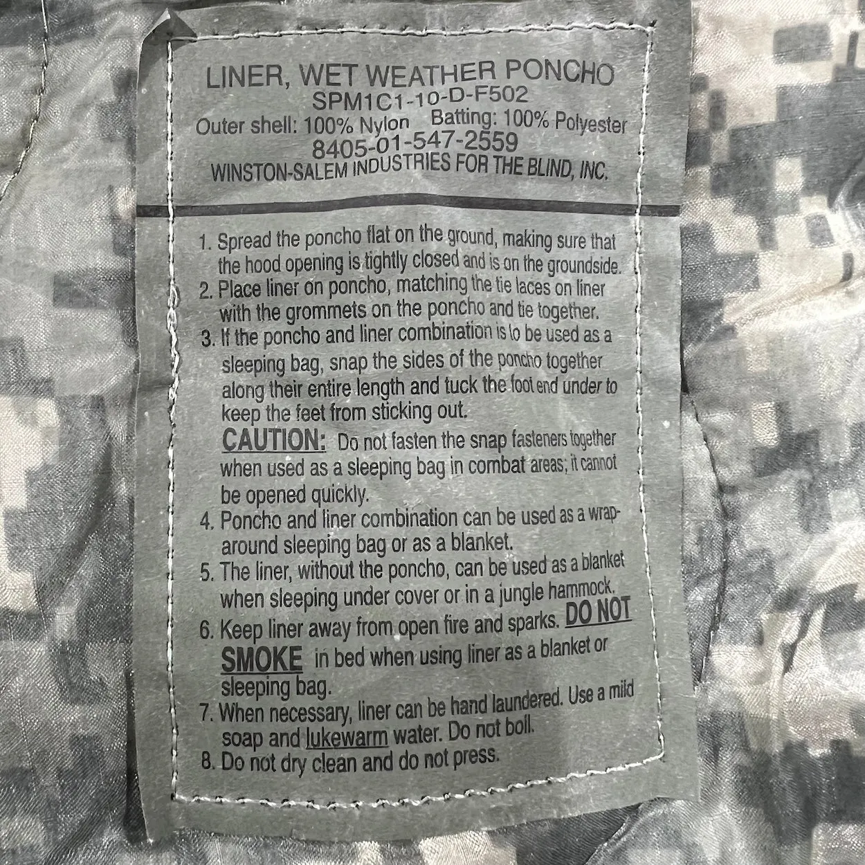 US Military GI ACU Poncho Liner Also Known As Woobie Blanket