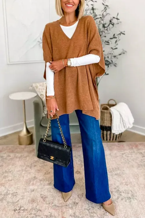 V Neck Loose Fit Solid Poncho Sweater