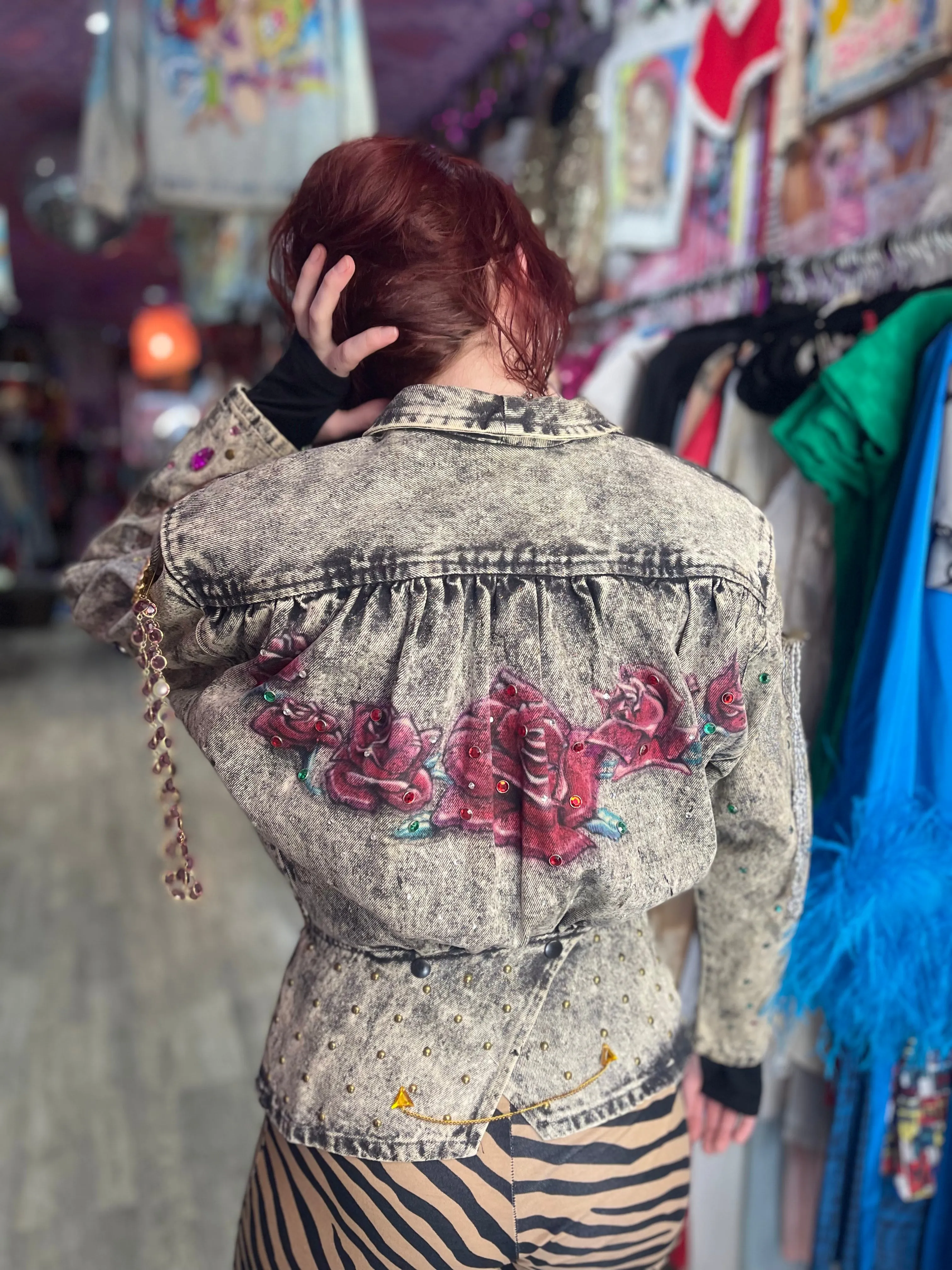 Vintage 80s Acid Wash Bedazzled Peplum Jean Jacket