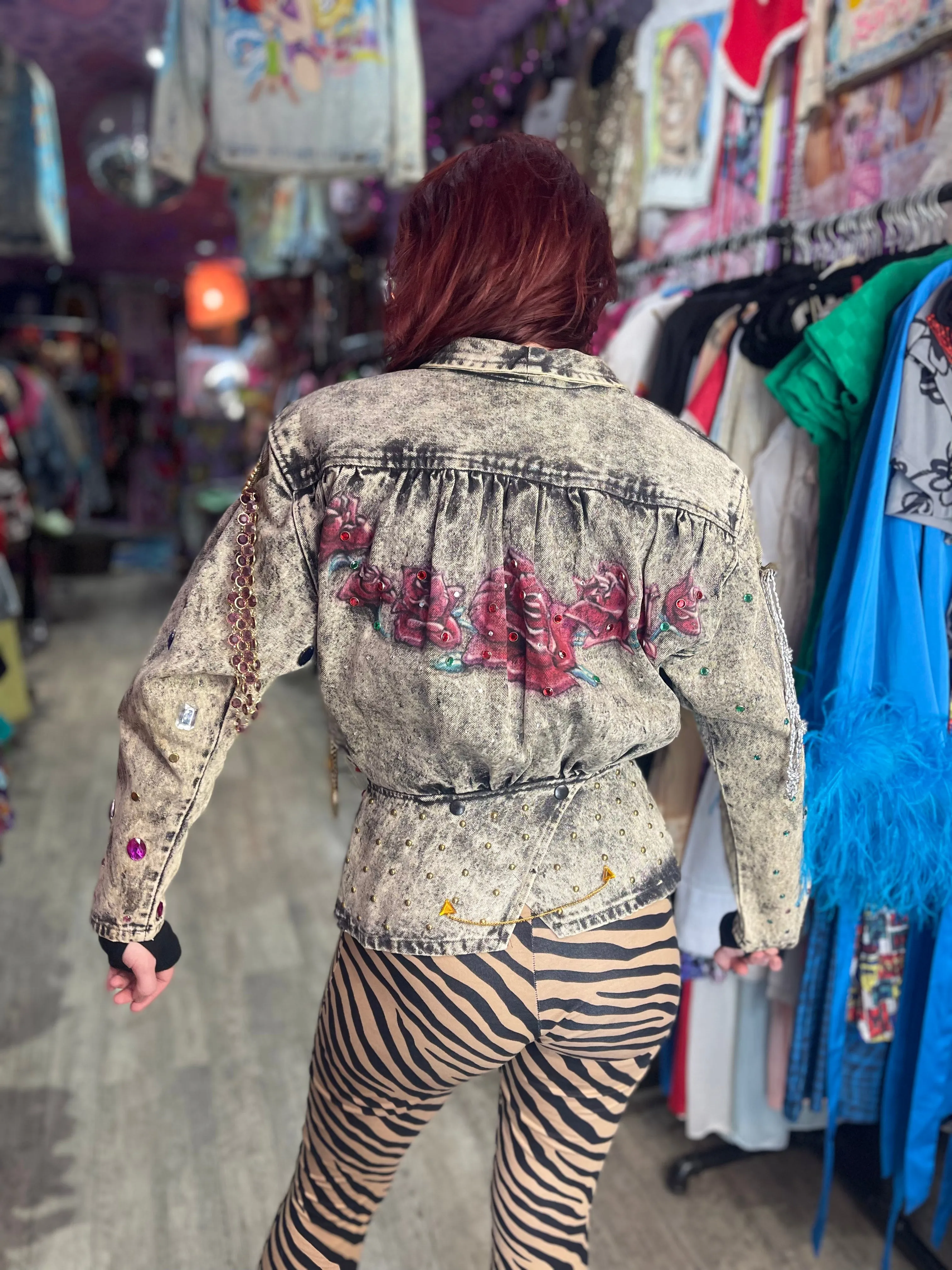 Vintage 80s Acid Wash Bedazzled Peplum Jean Jacket