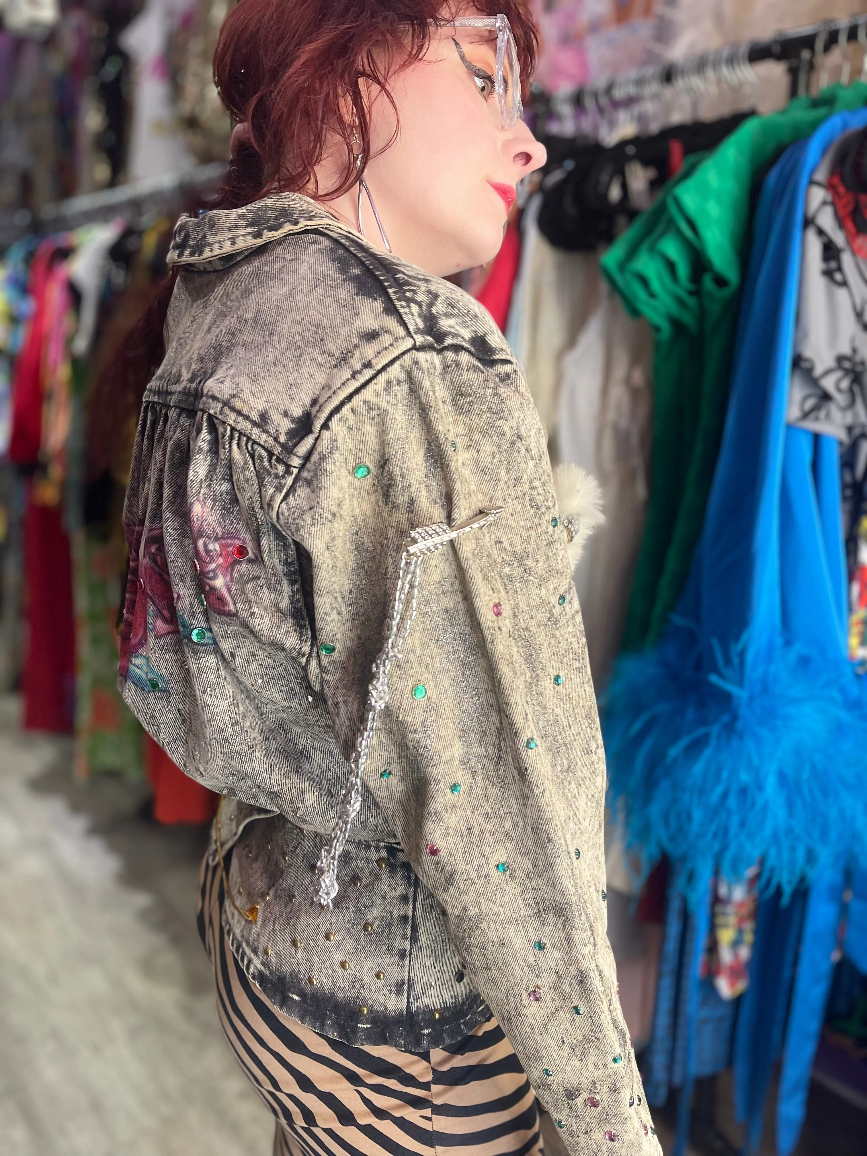 Vintage 80s Acid Wash Bedazzled Peplum Jean Jacket