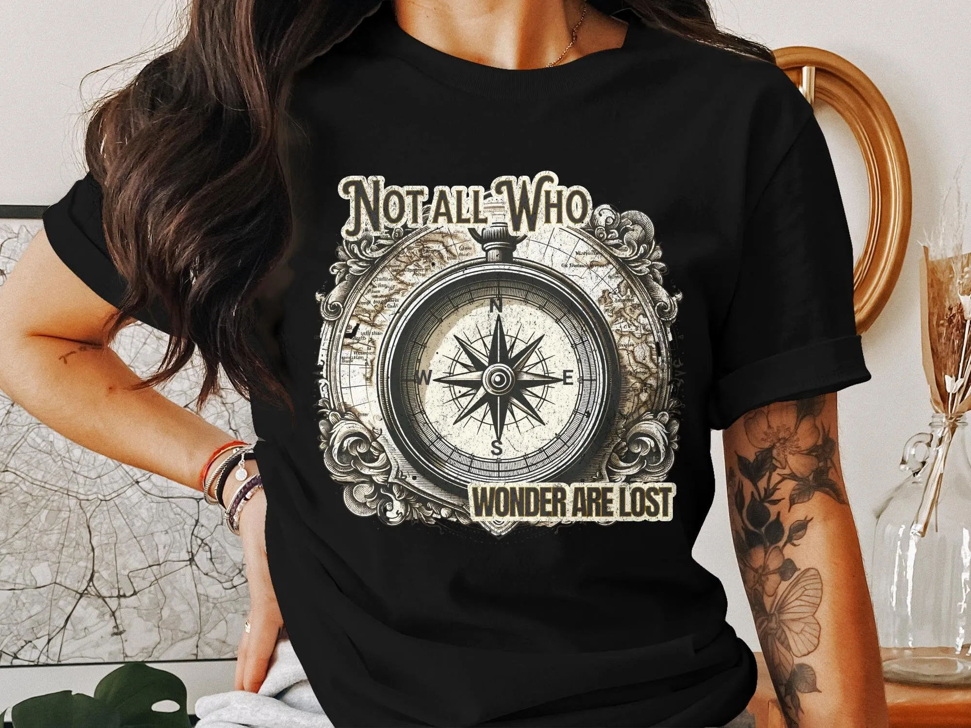 Vintage Compass Design T-Shirt, Not All Who Wonder Are Lost, Adventure Tee, Explorer Gift, Nautical Graphic Shirt, Unisex  Sweatshirt