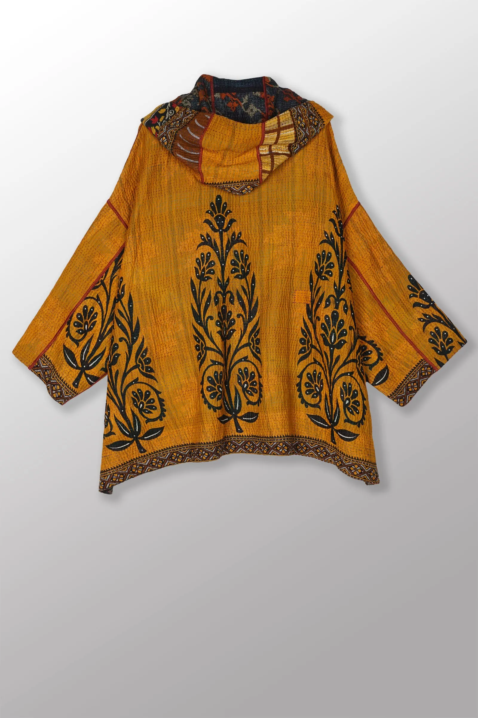 VINTAGE COTTON KANTHA HOODIE PONCHO - cv4064-0026a -