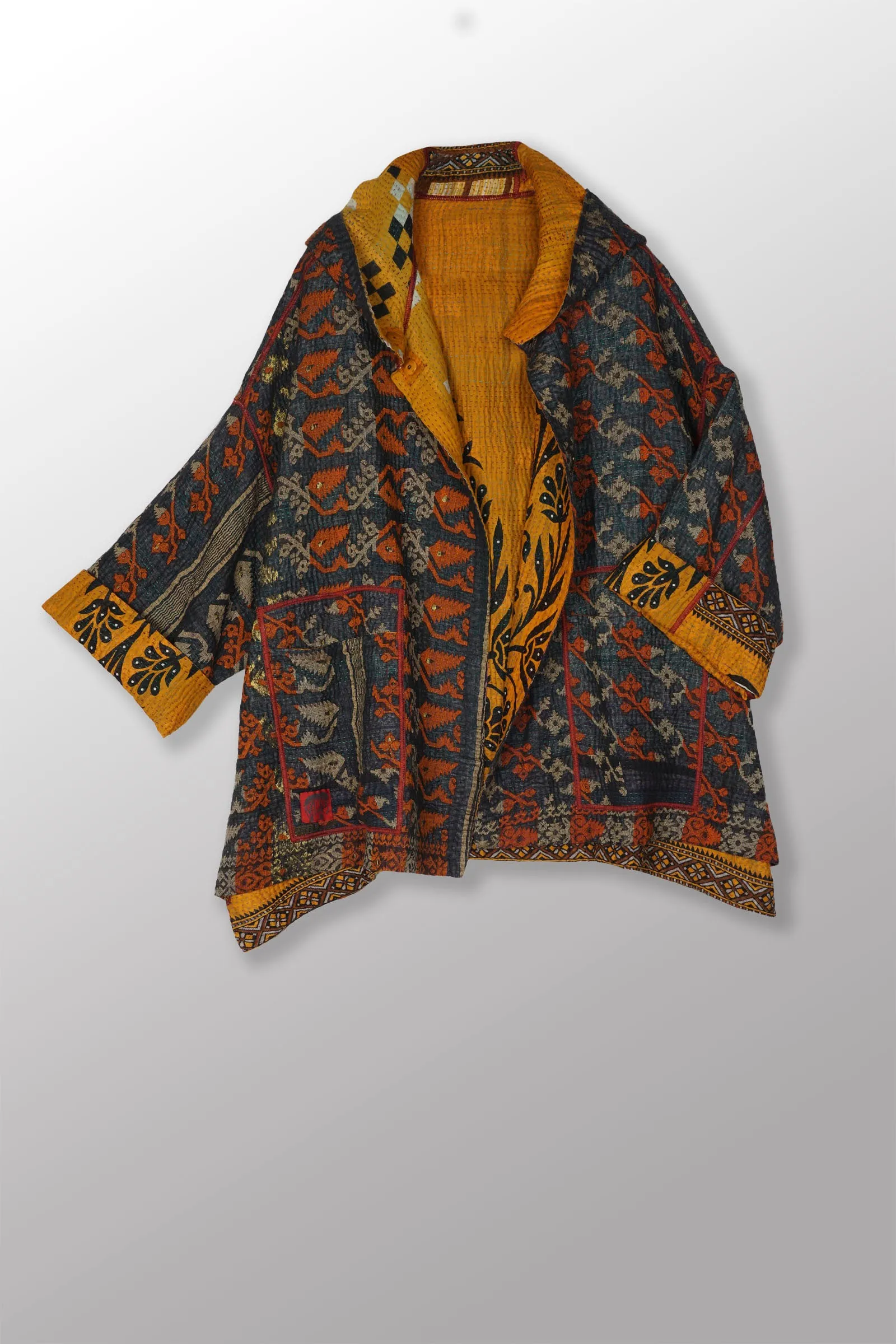 VINTAGE COTTON KANTHA HOODIE PONCHO - cv4064-0026a -