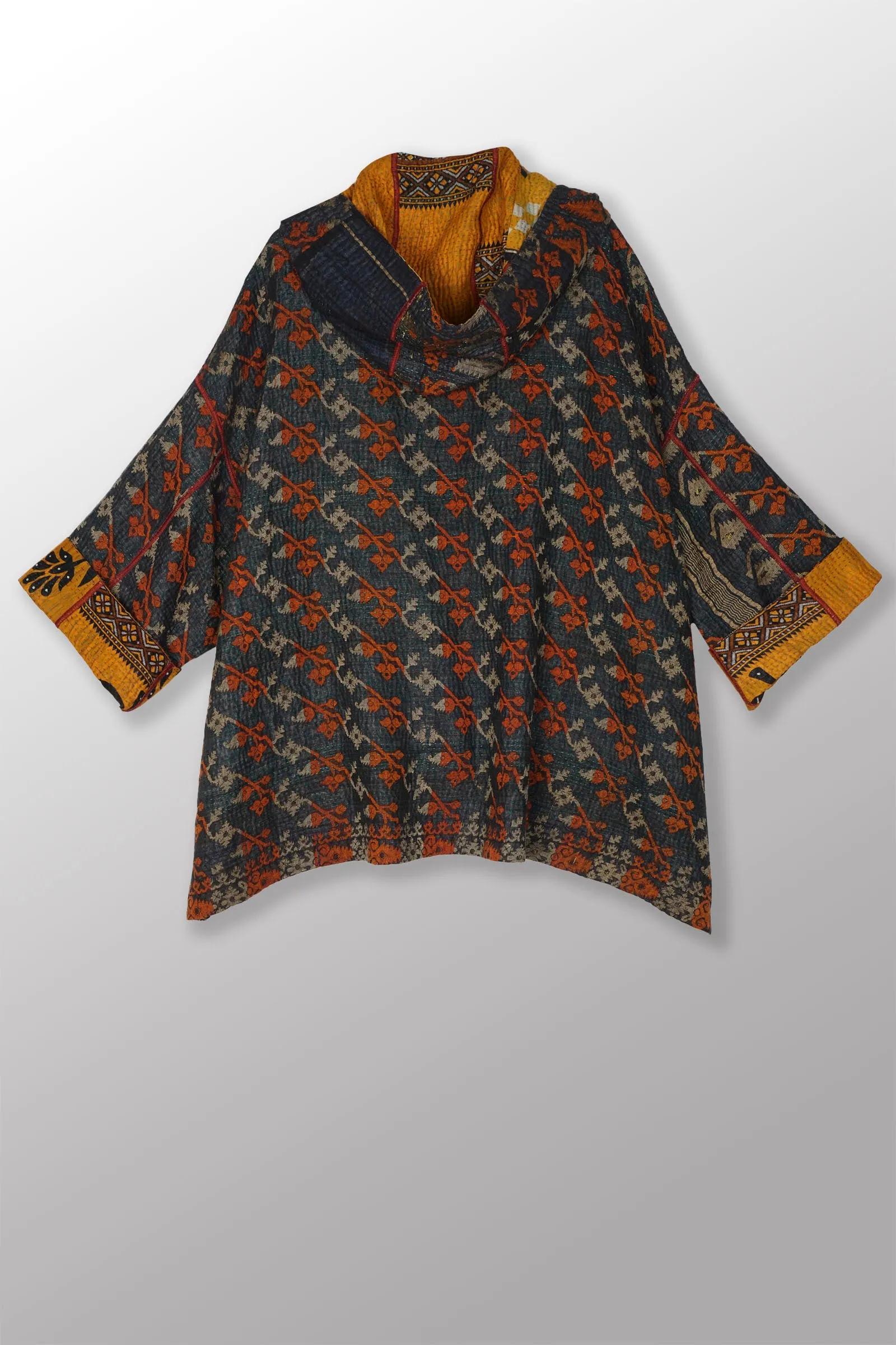 VINTAGE COTTON KANTHA HOODIE PONCHO - cv4064-0026a -