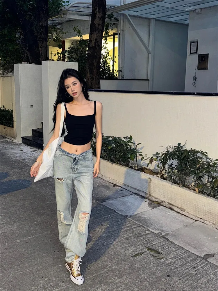 Vintage High Waist Boyfriend Jeans with Ripped Holes