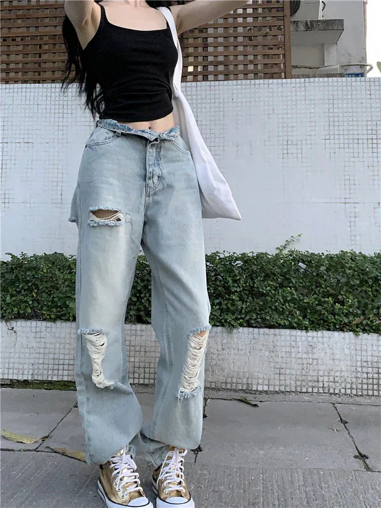 Vintage High Waist Boyfriend Jeans with Ripped Holes