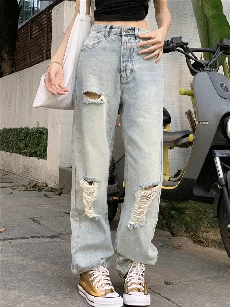 Vintage High Waist Boyfriend Jeans with Ripped Holes