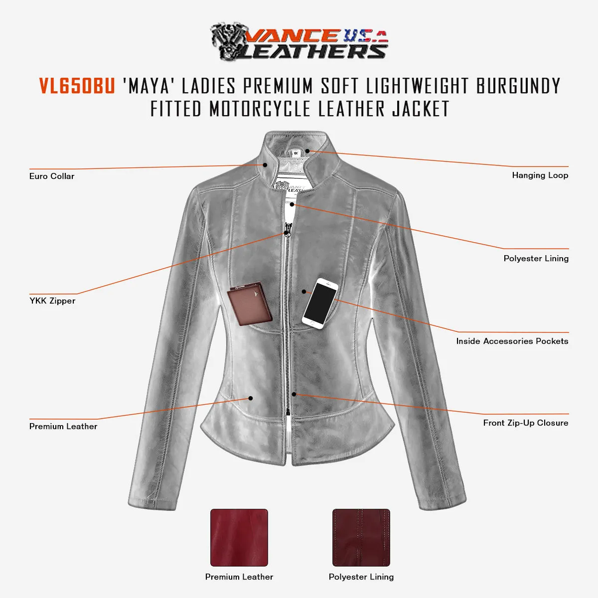 VL650Bu Vance Leathers' Ladies Premium Soft Lightweight Burgundy Fitted Leather Jacket