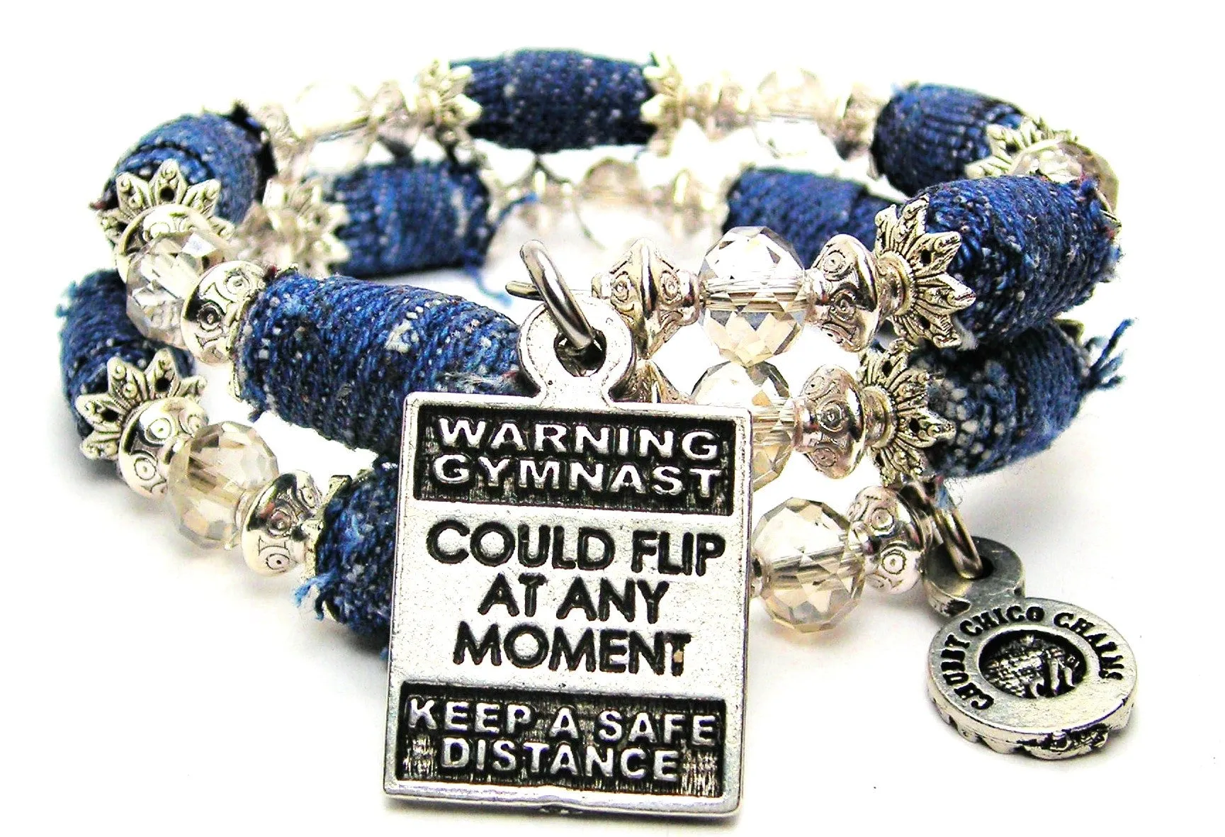 Warning: Gymnast Could Flip At Any Moment Keep A Safe Distance Blue Jean Beaded Wrap Bracelet