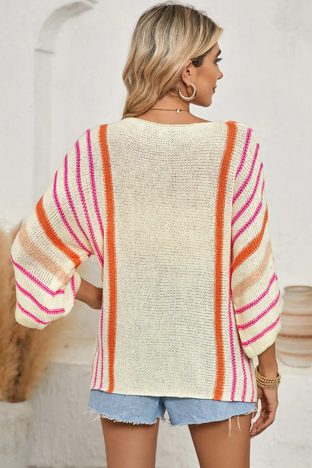 White Striped Bell Sleeve Lightweight Knitted Top