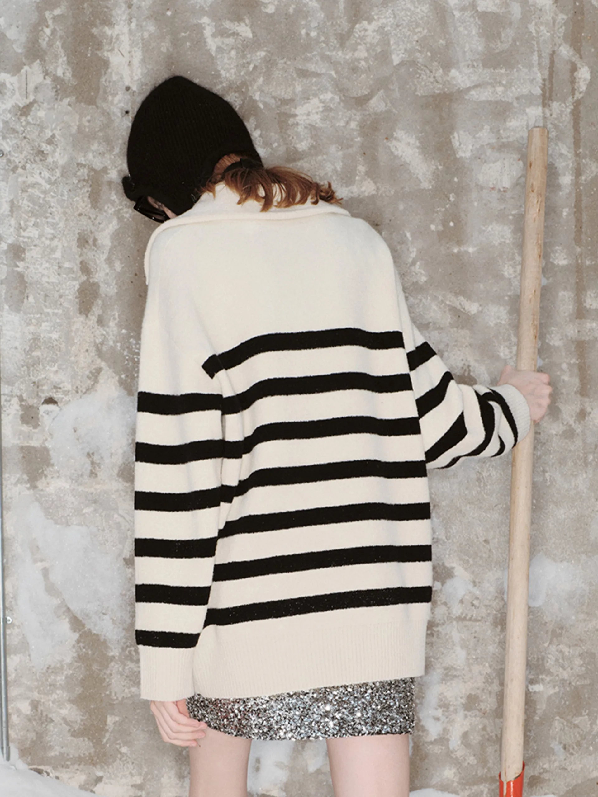 Wide Lapel Striped Sweater