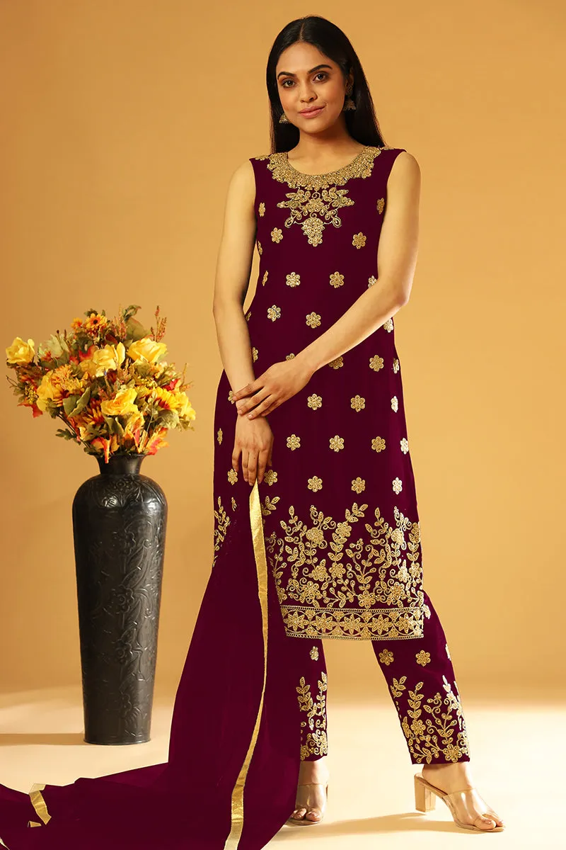 Wine Purple Festive Wear Straight Cut Pant Style Suit