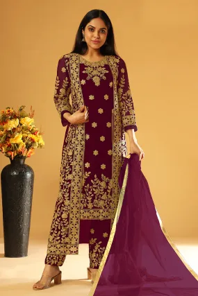 Wine Purple Festive Wear Straight Cut Pant Style Suit