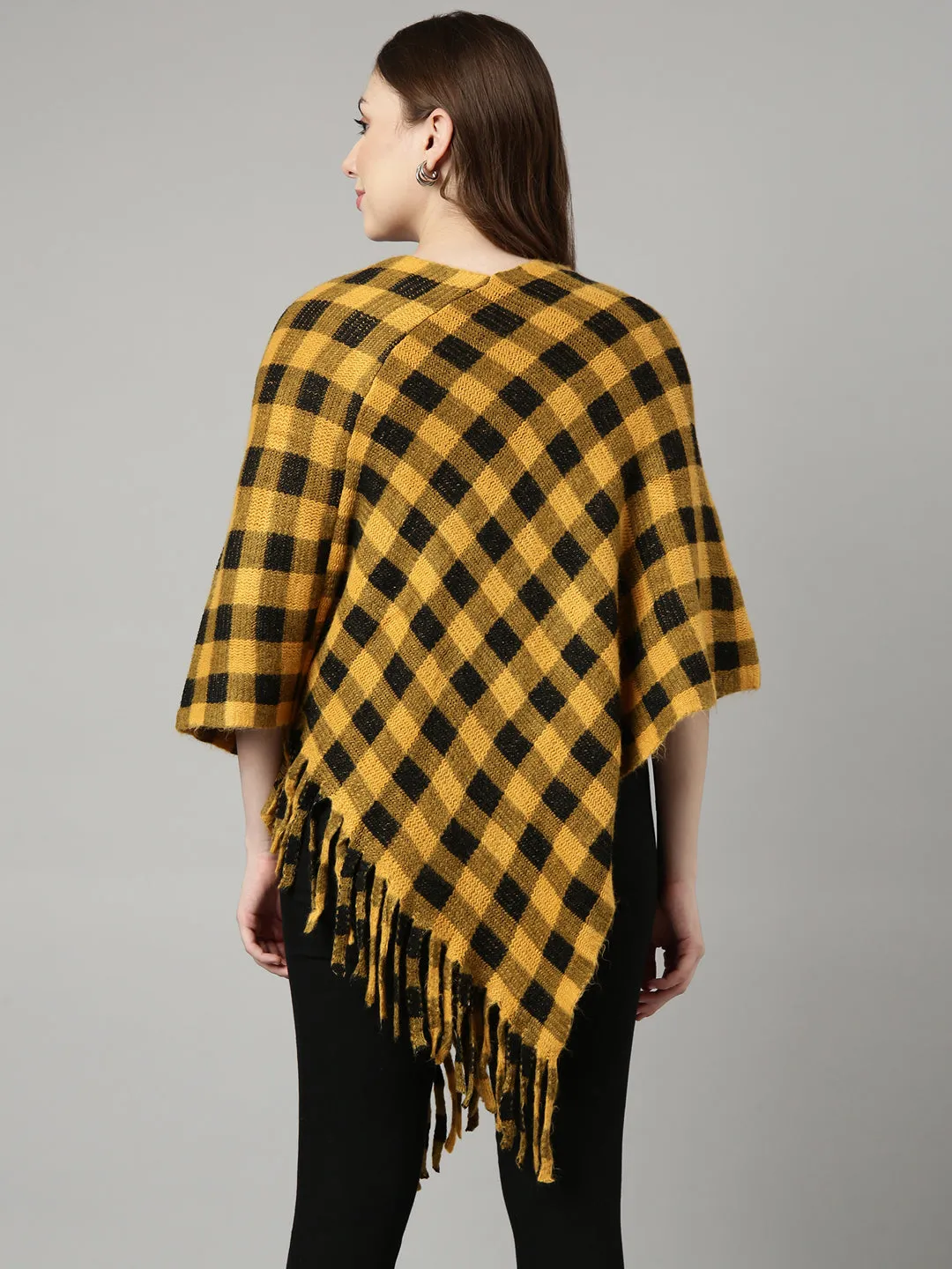 Women Checked Yellow Longline Poncho