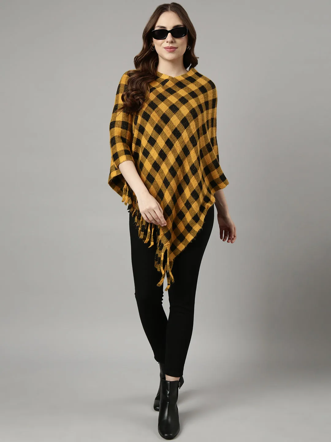 Women Checked Yellow Longline Poncho