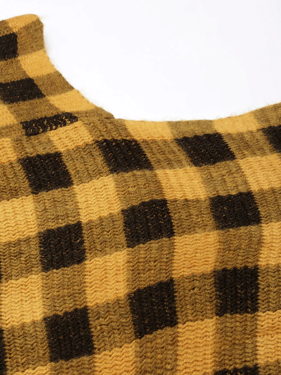 Women Checked Yellow Longline Poncho