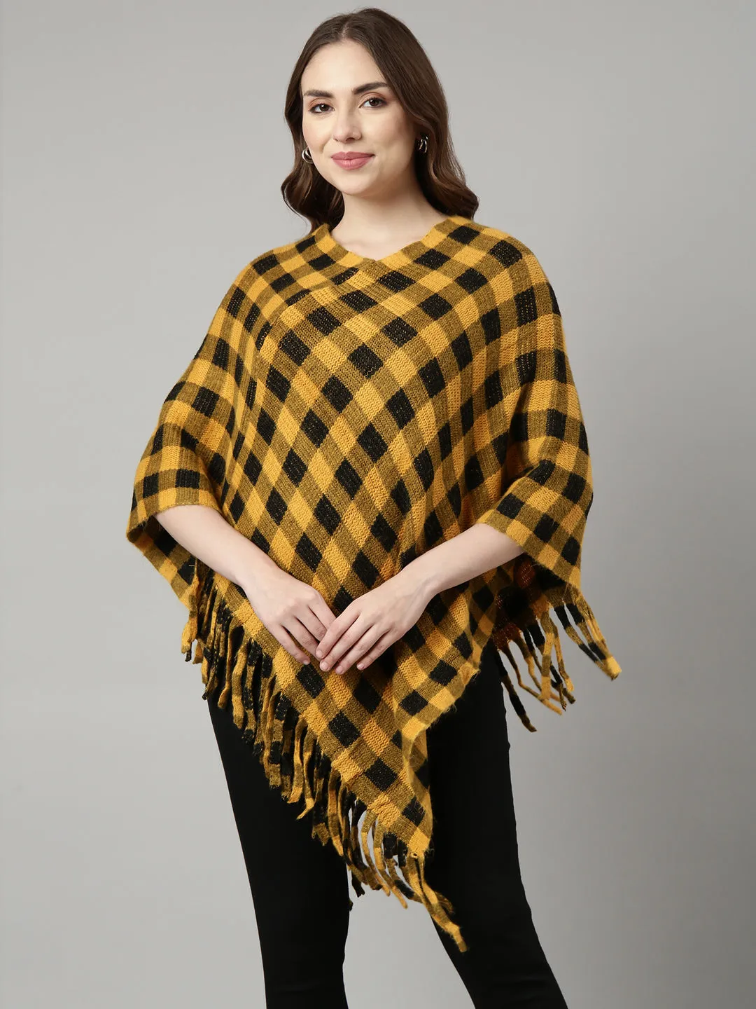 Women Checked Yellow Longline Poncho