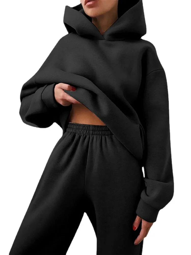 Women Elegant Solid Suits Warm Hooded Sweatshirt with Long Pant Casual Two Piece Sets