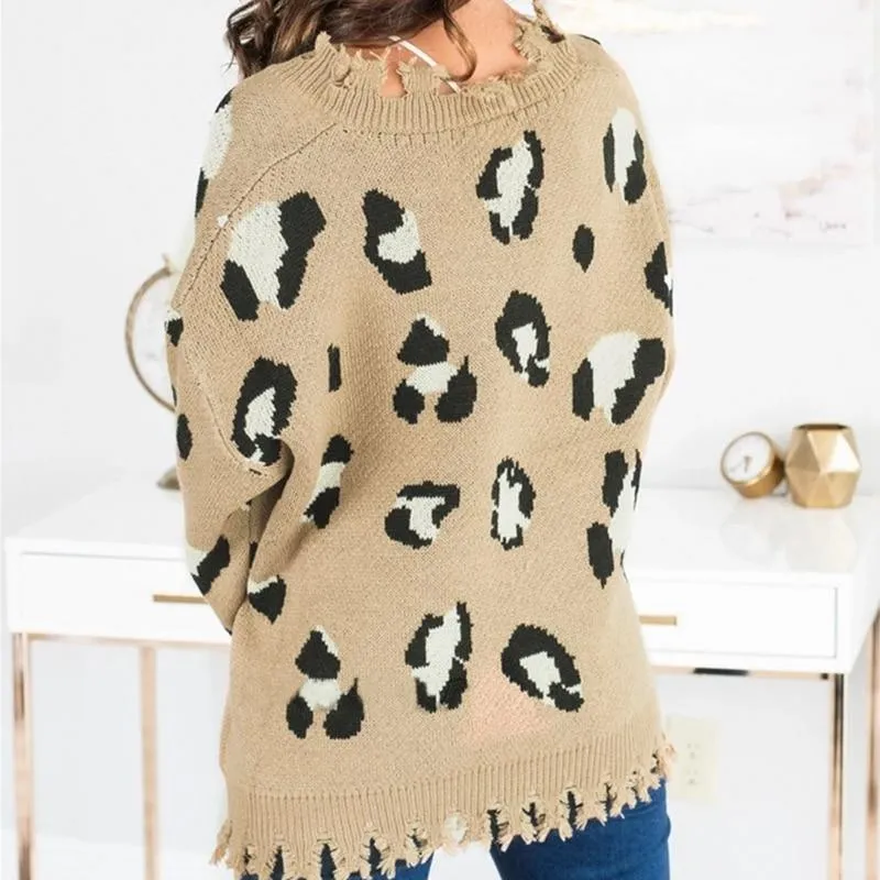 Women Leopard Print  Bat Sleeve Tassel Pullover Sweater