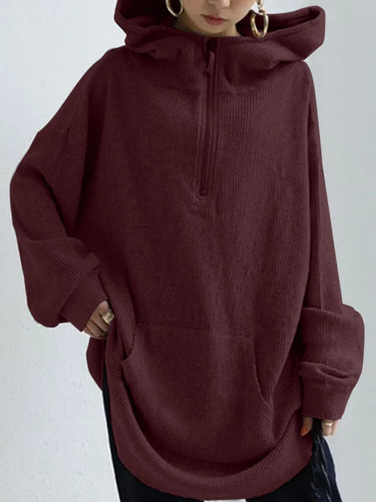 Women Long Solid Color Front Pocket Loose Retro Hooded Sweatshirt