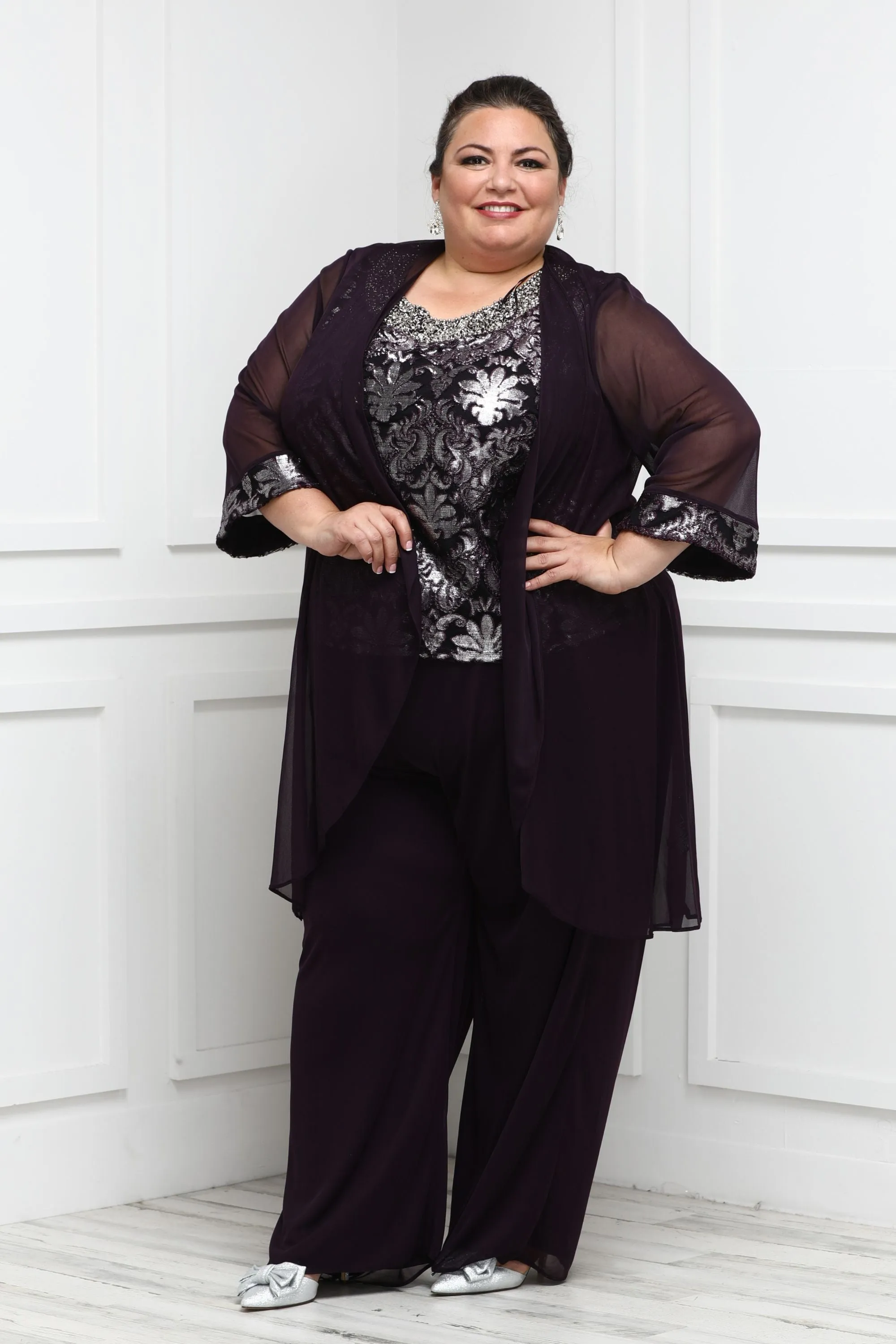 Women Plus-Size Stunning Three-Piece Beaded Neck Duster Pant Set