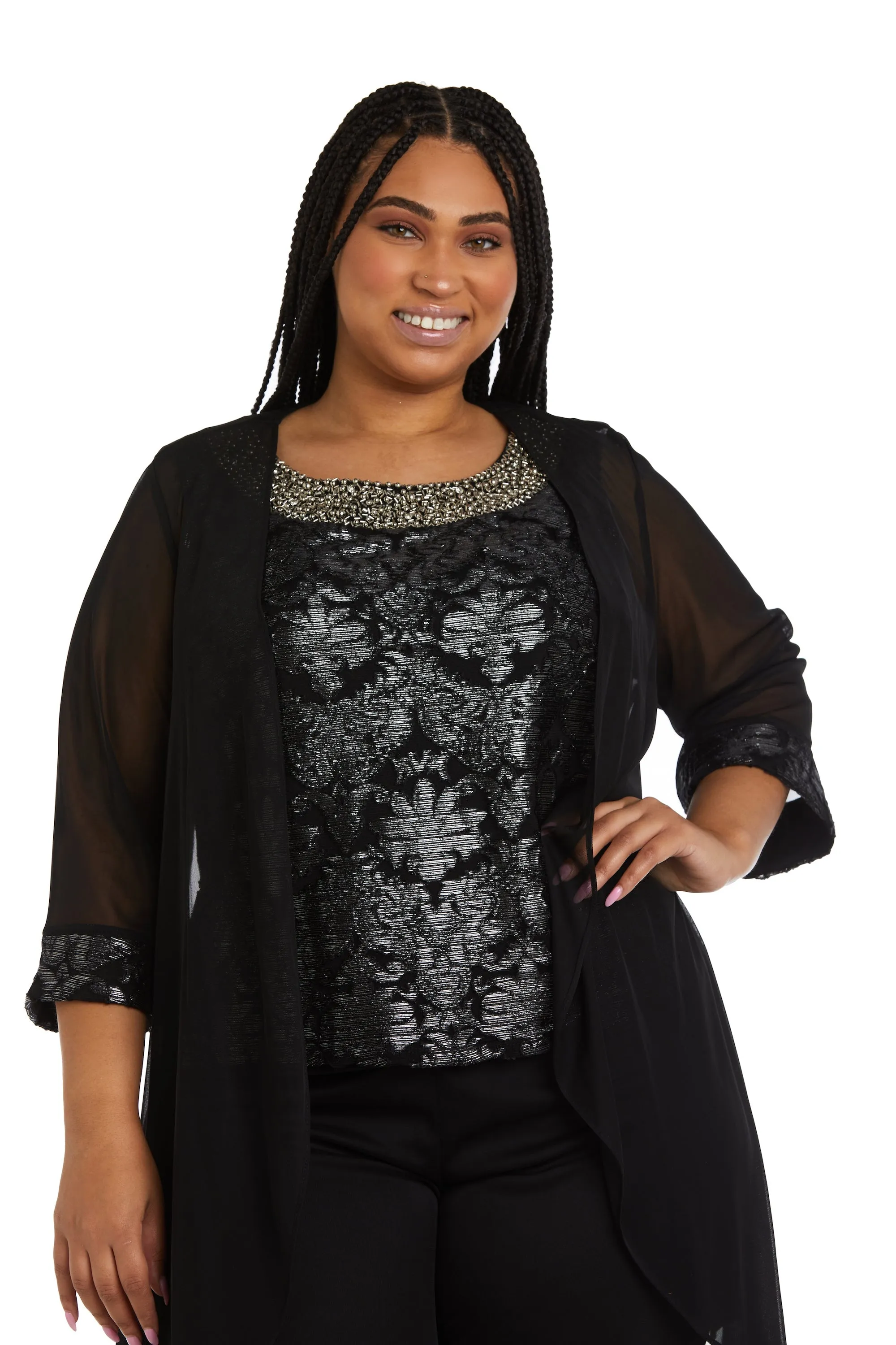 Women Plus-Size Stunning Three-Piece Beaded Neck Duster Pant Set