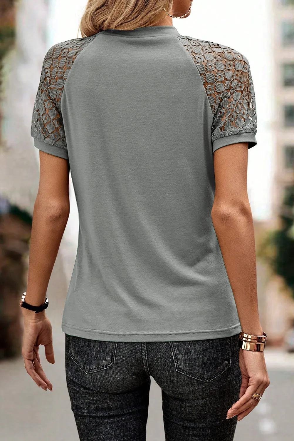 Womens Crew Neck Patchwork Lace Short Sleeve Tee Shirts Casual Knitted Blouses