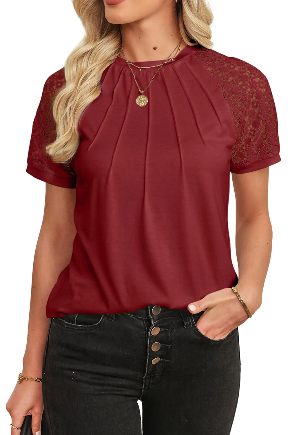 Womens Crew Neck Patchwork Lace Short Sleeve Tee Shirts Casual Knitted Blouses