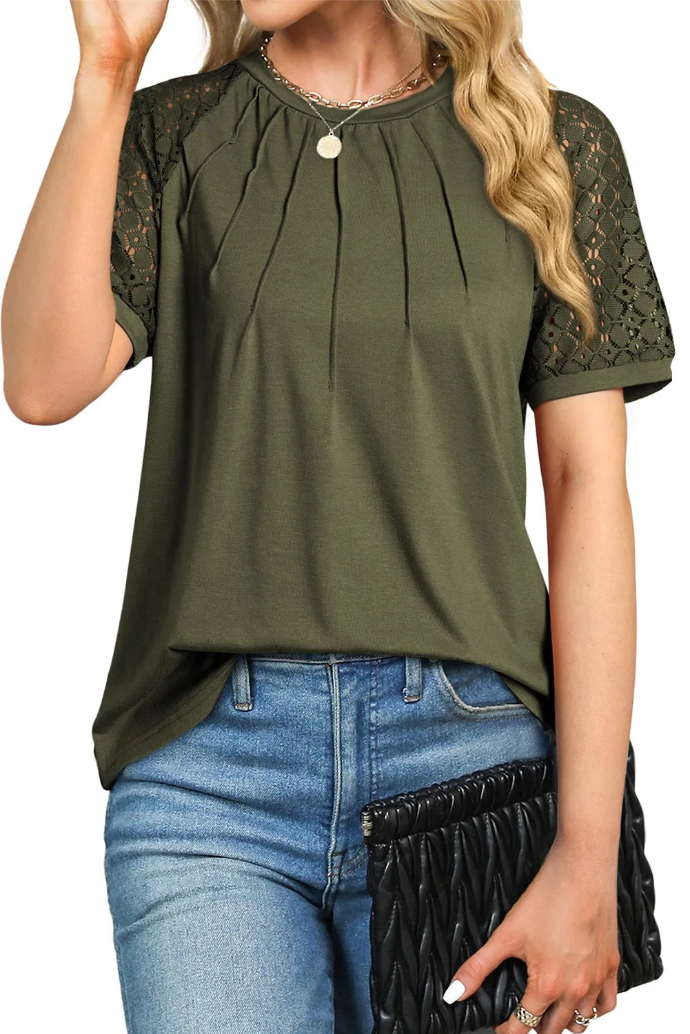 Womens Crew Neck Patchwork Lace Short Sleeve Tee Shirts Casual Knitted Blouses