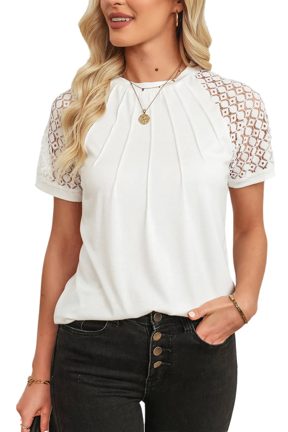 Womens Crew Neck Patchwork Lace Short Sleeve Tee Shirts Casual Knitted Blouses