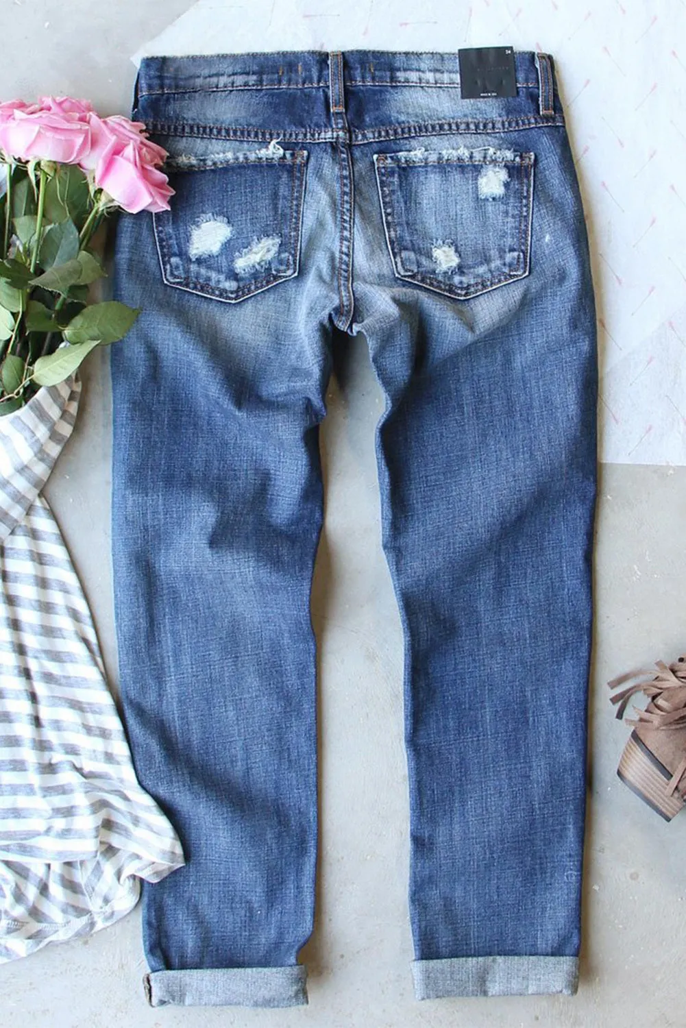 Womens Floral Patch Ripped Distressed Stretch Skinny Denim Jeans